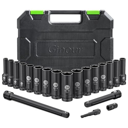 Juego de Vasos de Impacto 20 piezas, CR-V 8-24mm Ginour Vasos Impacto 16 piezas 1/2' Hexagonal con...