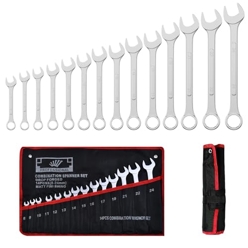 Mesybveo 14 Piezas Juego de Llaves Trinquete Combinadas, 8-24mm Llaves Fijas con Carraca de Acero al...