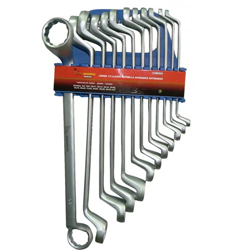 Juego de 12 llaves fijas acodadas, Fojadas y templadas al Cromo-Vanadium, Set de llaves con soporte...