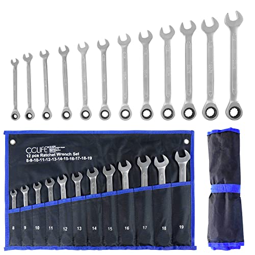 CCLIFE Juego de Llaves Fijas con Carraca combinadas de trinquete, 12 piezas 8-19 mm Cr-V 72 dientes