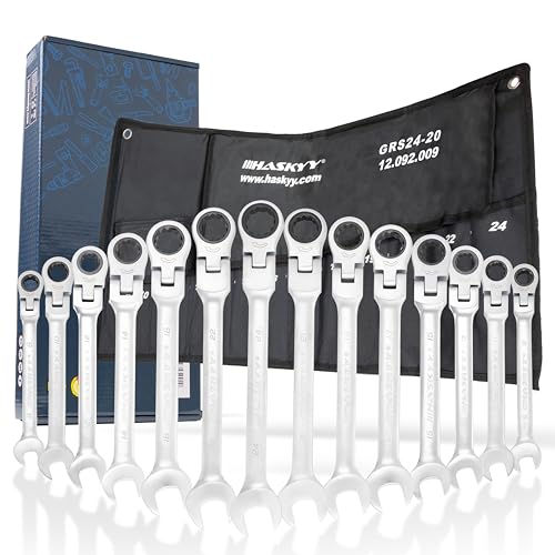 HASKYY - Juego de llaves de carraca articuladas, 8-24 mm, llaves de boca y anillo, 14 unidades